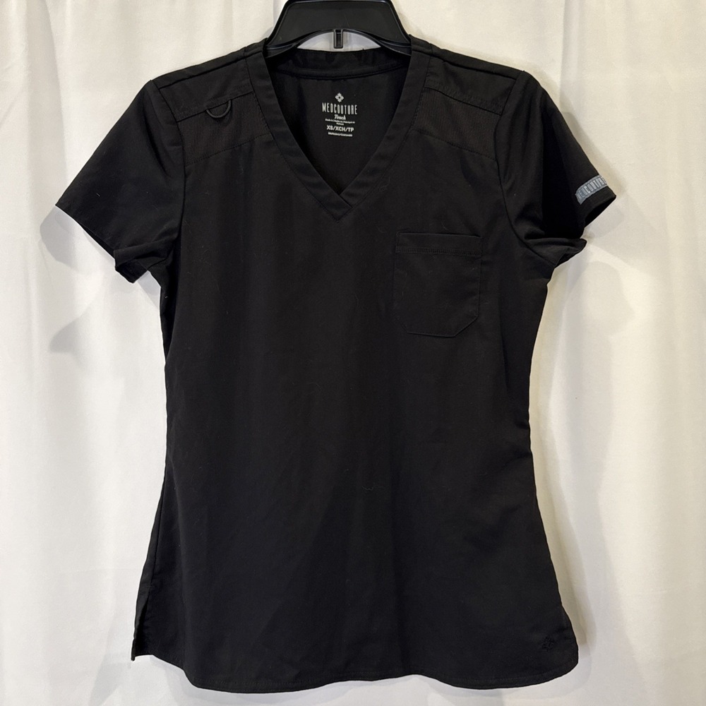 Med Couture Touch Women's Black V-Neck Scrub Top XS Solid Style MC 7448